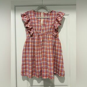 Entro Spring Plaid Ruffle-Sleeve Dress — Large